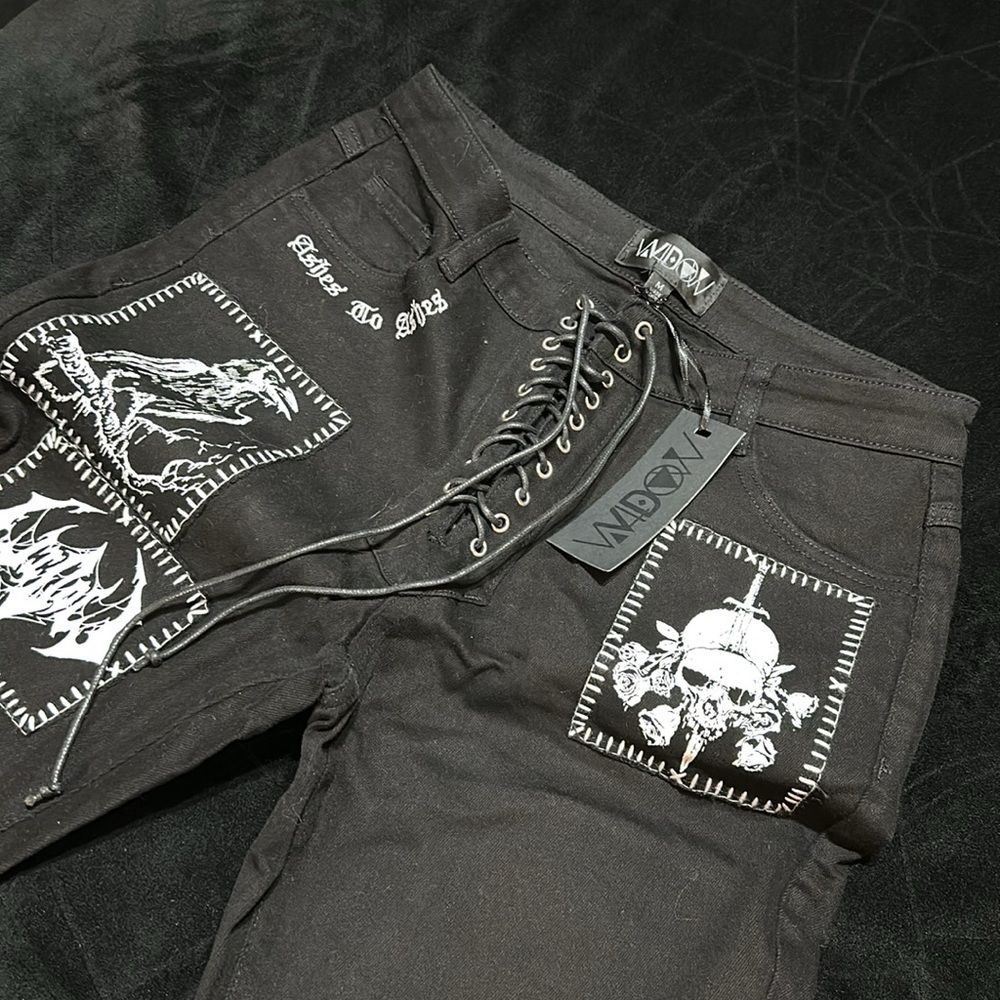 NWT Widow Miss Murder Lace-Up Patch Jeans, Med - Picture 4 of 12